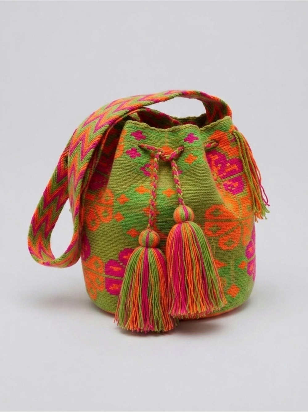 Colombian Wayuu Mochila Crossbody Bag | Green & Neon Pink Knit (Handwoven Boho) - Picture 17 of 17